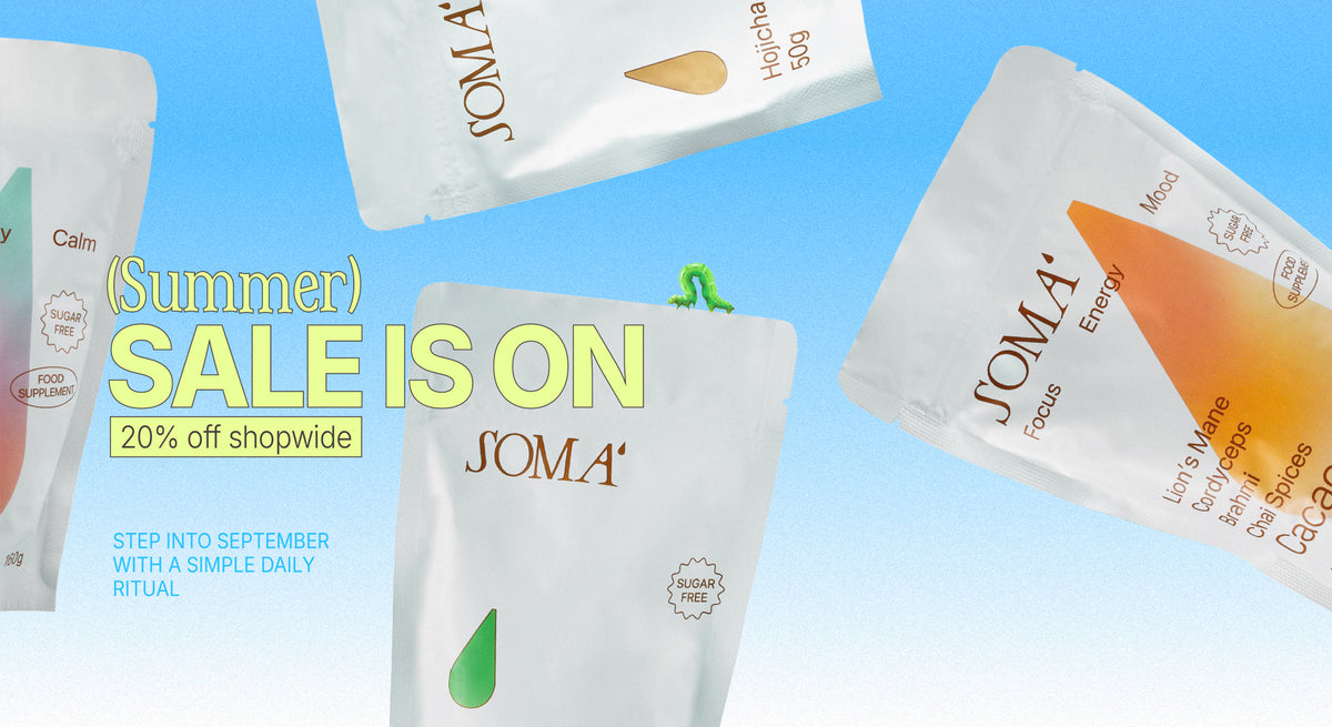 SOMA branded pouches floating against a blue gradient background with large sale text reading 'SALE IS ON' and '20% off shopwide'. The product appears to be flexible stand-up pouches, likely for supplements or snacks, shown in a promotional collage rather than a clean single-product packshot.