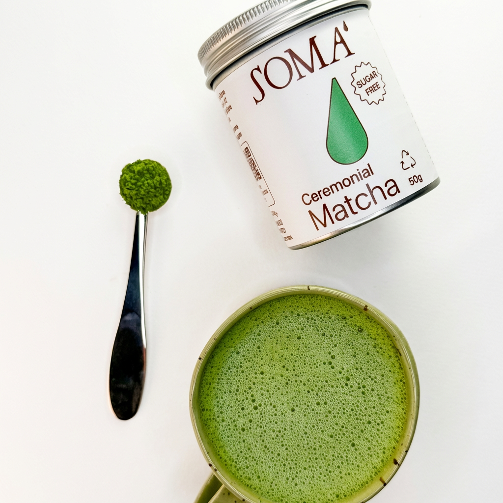Soma Ceremonial Matcha with a spoonful of matcha powder on a white background